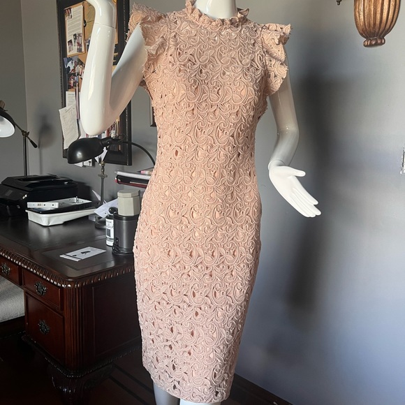 Zara Dress, nude lace sheath with flutter sleeve & neck sz XS - Picture 2 of 10